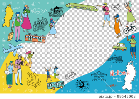 Tourists enjoying sightseeing in summer in the Tohoku region of Japan, set of icons (line drawing) 99543008