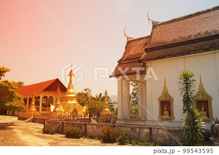 Outdoor Golden Pagoda at Wat Somdet, a historic site in Amphoe Sangkhlaburi, Kanchanaburi Province ,Middle of Thailand. A combination of Thai-Raman and Myanmar art. Outdoor Golden Pagoda at Wat Somdet, a historic site in Amphoe Sangkhlaburi, Kanchanaburi Province ,Middle of Thailand. A combination of Thai-Raman and Myanmar art. 99543595