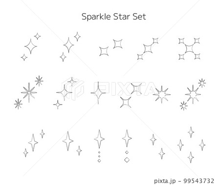 鉛筆で描いたようなかすれた線の輝く星のイラストセット キラキラの ...