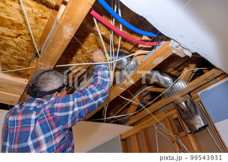 As part of reconstruction home on new ducts HVAC vent pipes and heating system were installed in ceiling mounted As part of reconstruction home on new ducts HVAC vent pipes and heating system were installed in ceiling mounted 99543931