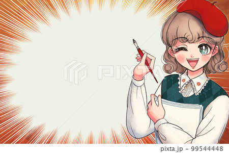 漫画を描く女の子のイラスト集中線アイキャッチ 漫画を描く女の子のイラスト集中線アイキャッチ 99544448