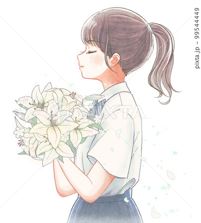 百合の花束を持った清楚な女の子のイラストのイラスト素材 [99544449