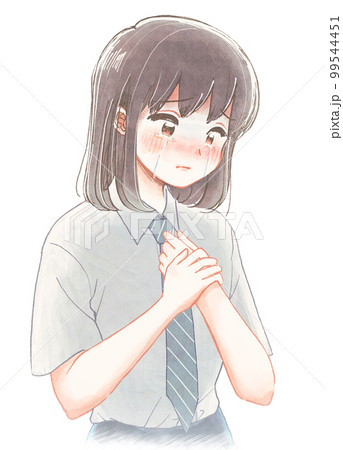 髪を切るように言われて泣く、長髪男子学生のイラスト 99544451