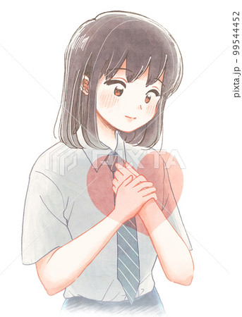 自分の心を抱き締める、長髪の男子学生のイラスト 99544452