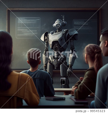 高校生の生徒に授業を行う教師ロボット。人間の仕事を代替するAI。未来のコンセプト。AI生成画像 99545323