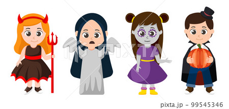 Halloween character vector set. Kids cartoon wearing Halloween costumes 99545346
