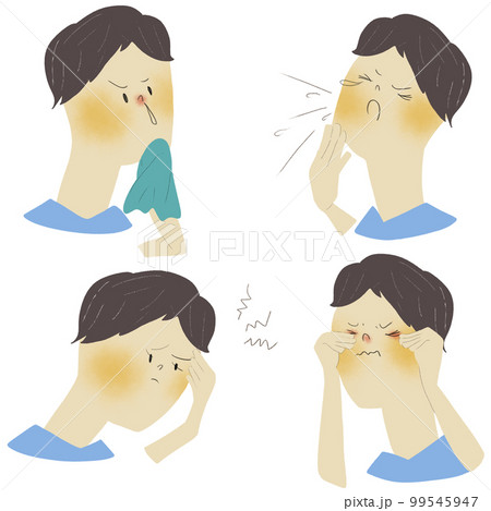 花粉症のアレルギー症状である鼻や目の症状を若い男性で表した四枚のイラスト 99545947