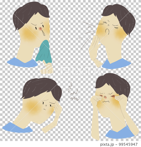 花粉症のアレルギー症状である鼻や目の症状を若い男性で表した四枚のイラスト 99545947