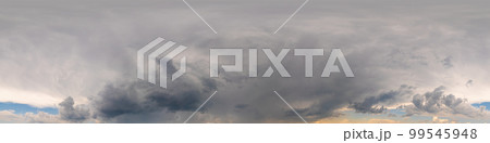 Overcast sky panorama on rainy day with Nimbostratus clouds in seamless spherical equirectangular format. Full zenith for use in 3D graphics, game and for aerial drone 360 degree panorama as sky dome. 99545948