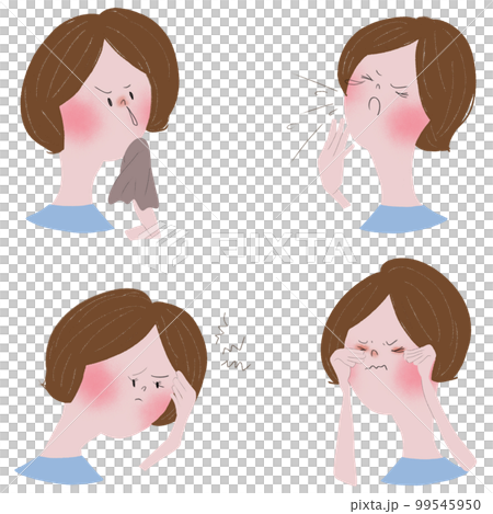 花粉症のアレルギー症状である鼻や目の症状を若い女性で表した四枚のイラスト 99545950