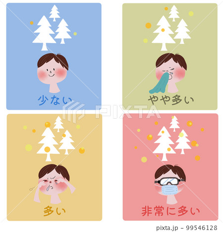 花粉症のアレルギー症状の四段階を若い男性とスギ・ヒノキの花粉飛散で表したイラスト 99546128