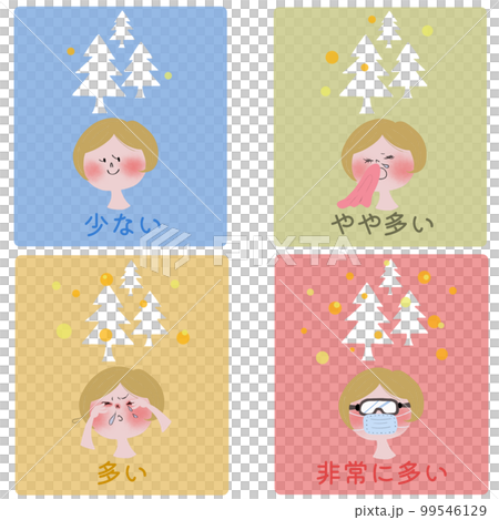 Illustration showing the four stages of allergic symptoms of hay fever with a young woman and cedar and cypress pollen scattering 99546129