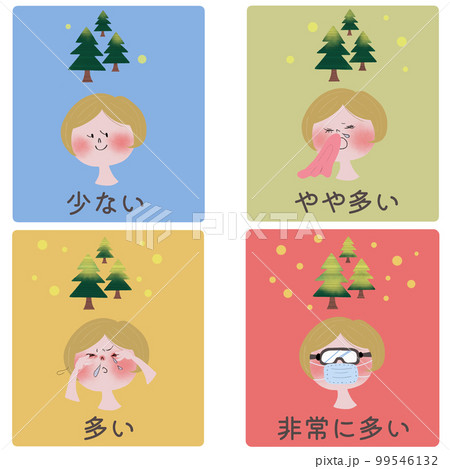 花粉症のアレルギー症状の四段階を若い女性とスギ・ヒノキの花粉飛散で表したイラスト 99546132