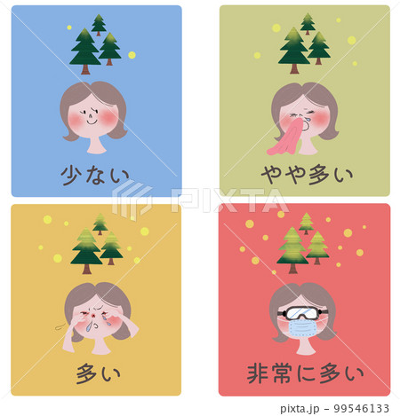 花粉症のアレルギー症状の四段階を若い女性とスギ・ヒノキの花粉飛散で表したイラスト 99546133