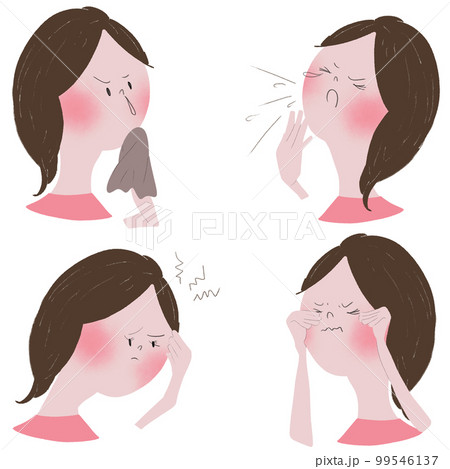 花粉症のアレルギー症状である鼻や目の症状を若い女性で表した四枚のイラスト 99546137