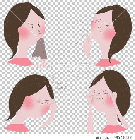花粉症のアレルギー症状である鼻や目の症状を若い女性で表した四枚のイラスト 99546137