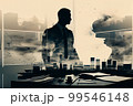 Silhouette of Successful businessman in the office wearing suit looking to city skyline thinking 99546148