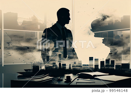 Silhouette of Successful businessman in the office wearing suit looking to city skyline thinking 99546148