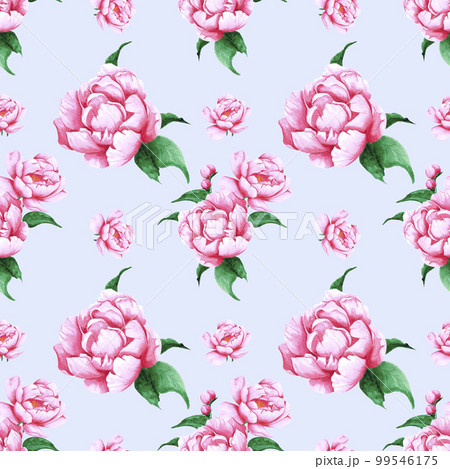 Handdrawn peony flowers seamless pattern. Watercolor pink peony on the light blue background. Scrapbook design, typography poster, label, banner, textile. 99546175