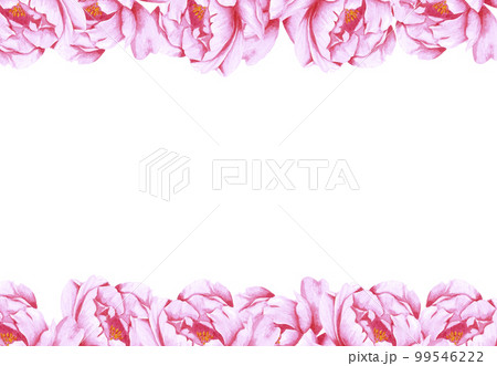 Handdrawn Watercolor pink peony flowers frame boarder on the white background. Scrapbook design, wedding invitation, label, banner, post card. 99546222