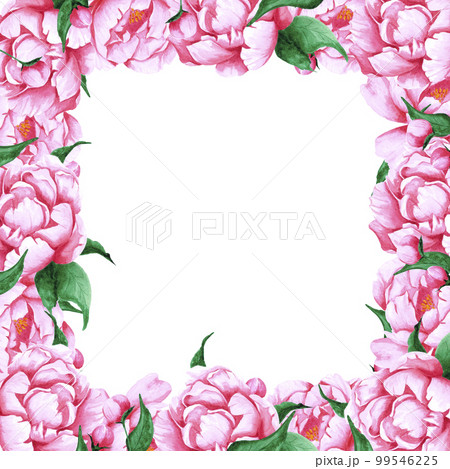 Handdrawn Watercolor pink peony flowers frame with green leaves and buds on the white background. Scrapbook design, wedding invitation, label, banner, post card. 99546225