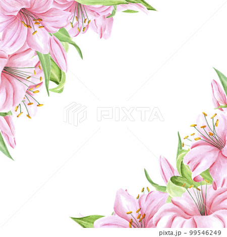 Handdrawn lily flowers frame boarder. Watercolor pink lily on the white background. Scrapbook design, typography poster, label, banner. Handdrawn lily flowers frame boarder. Watercolor pink lily on the white background. Scrapbook design, typography poster, label, banner. 99546249