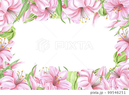 Handdrawn lily flowers frame boarder. Watercolor pink lily on the white background. Scrapbook design, typography poster, label, banner. Handdrawn lily flowers frame boarder. Watercolor pink lily on the white background. Scrapbook design, typography poster, label, banner. 99546251