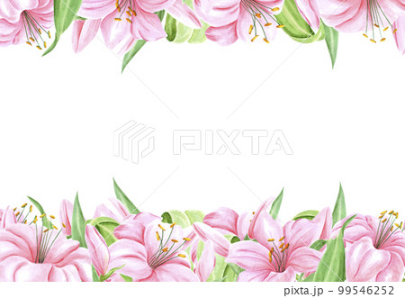 Handdrawn lily flowers frame boarder. Watercolor pink lily on the white background. Scrapbook design, typography poster, label, banner. Handdrawn lily flowers frame boarder. Watercolor pink lily on the white background. Scrapbook design, typography poster, label, banner. 99546252