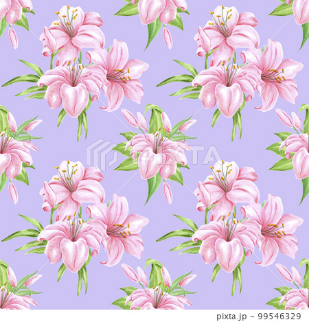 Handdrawn lily flowers seamless pattern. Watercolor pink lily on the purple background. Scrapbook design, typography poster, label, banner, textile. 99546329