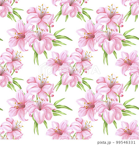 Handdrawn lily flowers seamless pattern. Watercolor pink lily on the white background. Scrapbook design, typography poster, label, banner, textile. Handdrawn lily flowers seamless pattern. Watercolor pink lily on the white background. Scrapbook design, typography poster, label, banner, textile. 99546331