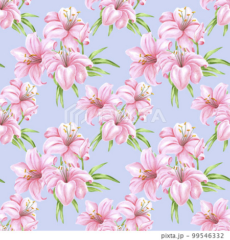 Handdrawn lily flowers seamless pattern. Watercolor pink lily on the light blue background. Scrapbook design, typography poster, label, banner, textile. Handdrawn lily flowers seamless pattern. Watercolor pink lily on the light blue background. Scrapbook design, typography poster, label, banner, textile. 99546332