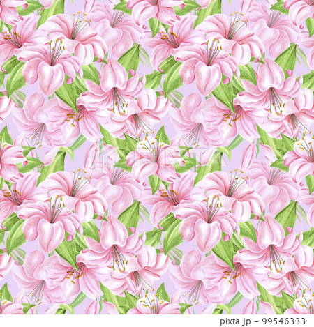 Handdrawn lily flowers seamless pattern. Watercolor pink lily on the pink background. Scrapbook design, typography poster, label, banner, textile. Handdrawn lily flowers seamless pattern. Watercolor pink lily on the pink background. Scrapbook design, typography poster, label, banner, textile. 99546333