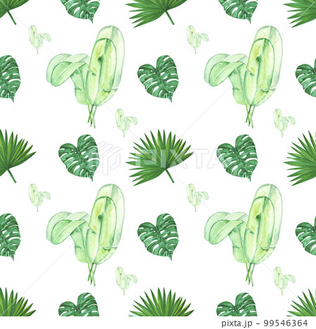Handdrawn Watercolor green tropical leaves seamless pattern on the white background. Scrapbook design, typography poster, label, banner, post card, textile. Handdrawn Watercolor green tropical leaves seamless pattern on the white background. Scrapbook design, typography poster, label, banner, post card, textile. 99546364