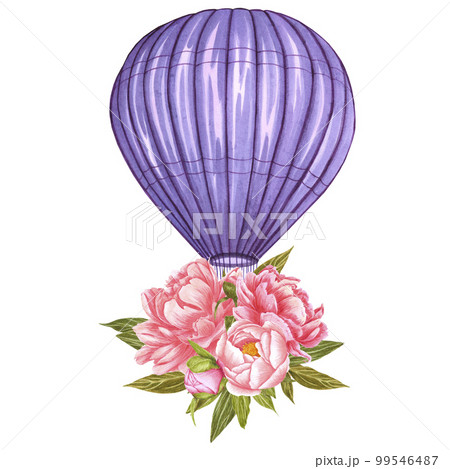 Watercolor purple hot air balloon with peony flowers. Hand painted illustration on white background. For design, prints, fabric or background. Watercolor purple hot air balloon with peony flowers. Hand painted illustration on white background. For design, prints, fabric or background. 99546487
