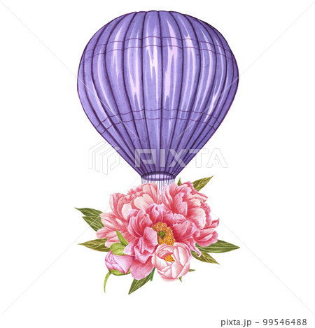 Watercolor purple hot air balloon with peony flowers. Hand painted illustration on white background. For design, prints, fabric or background. Watercolor purple hot air balloon with peony flowers. Hand painted illustration on white background. For design, prints, fabric or background. 99546488