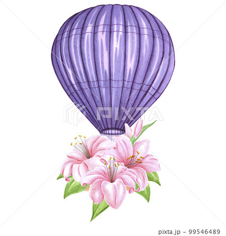 Watercolor purple hot air balloon with lily flowers. Hand painted illustration on white background. For design, prints, fabric or background. 99546489