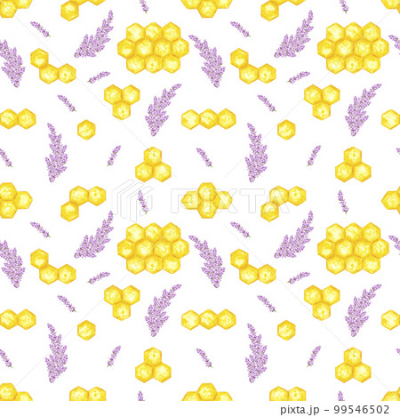 Hand drawn watercolor lavender and honeyseamless pattern on white background. Scrapbook, textile, logo, label, banner. Hand drawn watercolor lavender and honeyseamless pattern on white background. Scrapbook, textile, logo, label, banner. 99546502