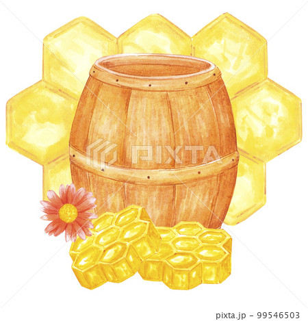 Hand drawn watercolor honey barrel and combs composition on white background. Scrapbook design, logo, label, banner. Hand drawn watercolor honey barrel and combs composition on white background. Scrapbook design, logo, label, banner. 99546503