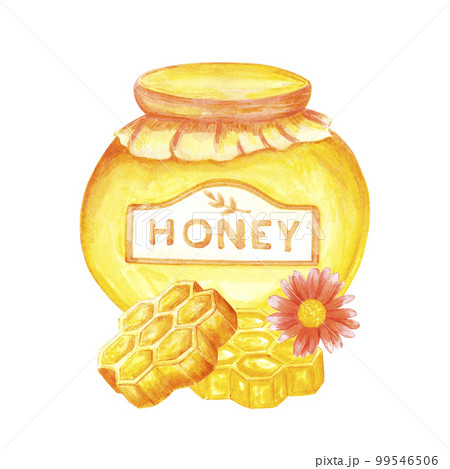 Hand drawn watercolor honey jar and combs composition on white background. Scrapbook design, logo, label, banner. 99546506
