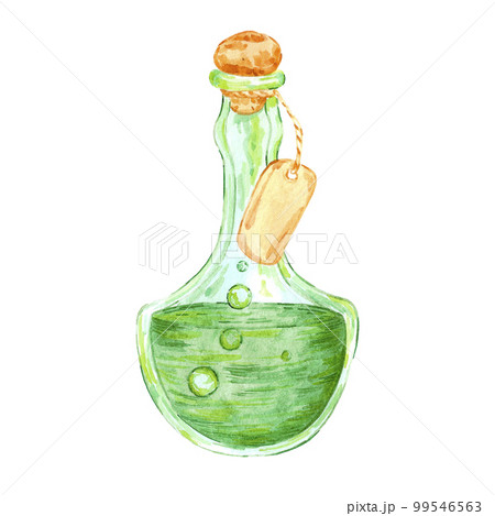 Watercolor magical bottle with potion. Isolated on white background. Scrapbook, post card, banner, lable. Watercolor magical bottle with potion. Isolated on white background. Scrapbook, post card, banner, lable. 99546563