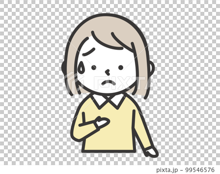 A girl in a cold sweat with a worried expression holding her hand on her chest 99546576