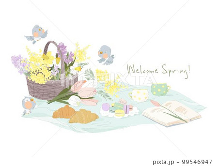 Lovely Spring Picnic Scene with Croissant, Flowers and Macarons 99546947