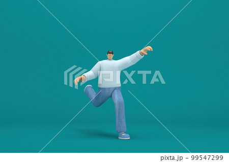 cartoon character wearing jeans and white long shirt. 3d rendering in acting. He is doing exercise. 99547299
