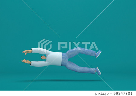 cartoon character wearing jeans and white long shirt. 3d rendering in acting. He is doing exercise. 99547301