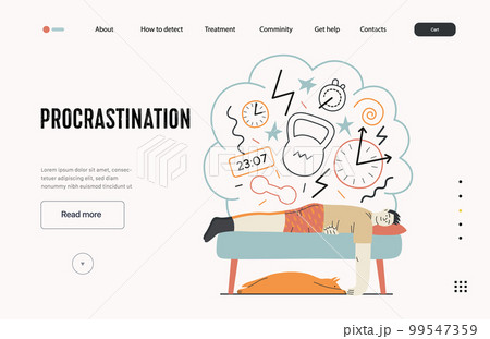 Mental disorders web template. Procrastination - modern flat vector illustration of man suffering under the weight of problems and obligations. People emotional, psychological, mental traumas concept 99547359