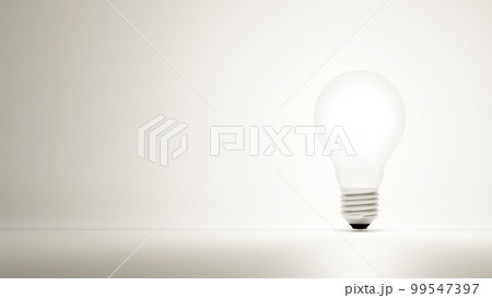 白背景に光り輝く電球の3Dイラスト。コピースペース。（横長） 99547397