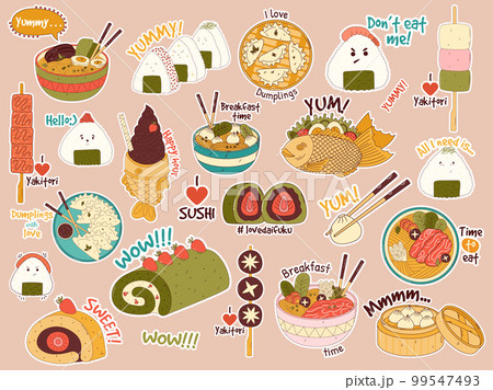 Traditional Japanese food stikers. Asian yakitori skewers, ramen, dumplings, taiyaki, matcha cake roll, shabu shabu, onigiri, wonton, daifuku. Vector illistration Traditional Japanese food stikers. Asian yakitori skewers, ramen, dumplings, taiyaki, matcha cake roll, shabu shabu, onigiri, wonton, daifuku. Vector illistration 99547493