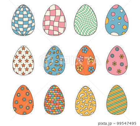 Groovy hippie Happy Easter. Set of Easter eggs with patterns in trendy retro 60s 70s style. Groovy hippie Happy Easter. Set of Easter eggs with patterns in trendy retro 60s 70s style. 99547495