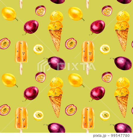 Purple, yellow maracuja and ice-cream watercolor seamless pattern isolated on green background. 99547780