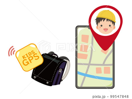 黒色のランドセルとGPSとスマートフォンのイラスト 99547848